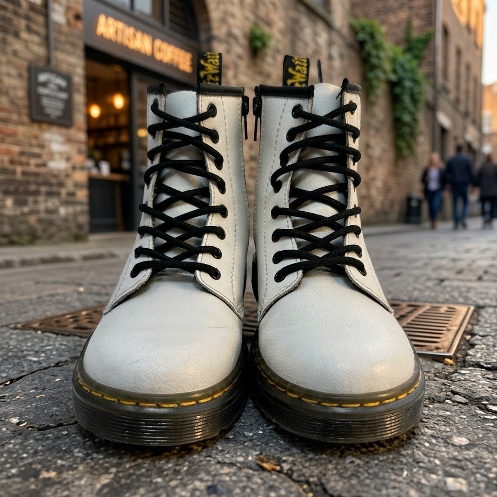 Dr Martens Kids Zavala J White Leather Combat Boots Size US 2 Lace Up Zip